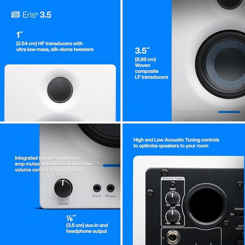PreSonus Eris 3.5 2nd Gen HD Professional Studio Monitors with 3.5" Woven Composite Woofer, 1" Silk-Dome Tweeter, 50W Class AB Power and Tuning Controls (Auxillary) - Pair (White) PreSonus Eris 3.5 2nd Gen HD Professional Studio Monitors with 3.5" Woven Composite Woofer, 1" Silk-Dome Tweeter, 50W Class AB Power and Tuning Controls (Auxillary) - Pair (White)