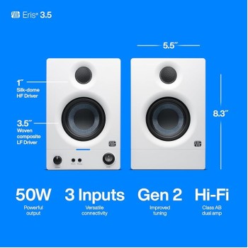 PreSonus Eris 3.5 2nd Gen HD Professional Studio Monitors with 3.5" Woven Composite Woofer, 1" Silk-Dome Tweeter, 50W Class AB Power and Tuning Controls (Auxillary) - Pair (White) PreSonus Eris 3.5 2nd Gen HD Professional Studio Monitors with 3.5" Woven Composite Woofer, 1" Silk-Dome Tweeter, 50W Class AB Power and Tuning Controls (Auxillary) - Pair (White)