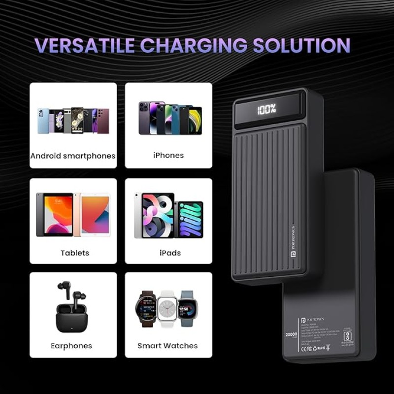 Portronics Luxcell B 20K Advanced 20000 mAh Power Bank with 22.5W Max Output, LED Battery Display, 22.5w Mach USB-A Output, 20w Type C PD Output, Type C Input, Wake Up Button(Black) Portronics Luxcell B 20K Advanced 20000 mAh Power Bank with 22.5W Max Output, LED Battery Display, 22.5w Mach USB-A Output, 20w Type C PD Output, Type C Input, Wake Up Button(Black)