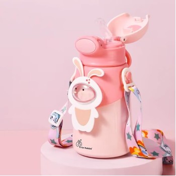 R for Rabbit Steebo Zoobie Premium Stainless Steel Water Sipper for Baby, Spill Proof BPA Free Soft Silicone Straw Drinking Sipper for Kids of 12+ Months (550ml, Pink Bunny)