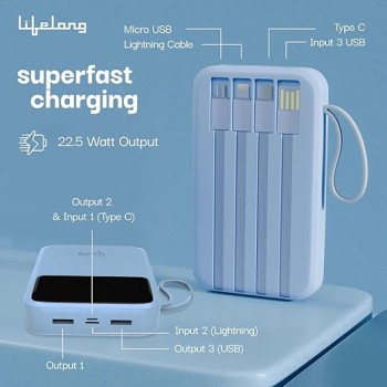 Lifelong Electronics 20000mAh 22.5W Fast Charging Power Bank | 3 Inputs (in-Built USB Cable + Lightning + Type-C Port) | 6 Outputs (3 in-Built Cables + 1 Type-C Port + 2 USB Ports) | QC 3.0 Powerbank Lifelong Electronics 20000mAh 22.5W Fast Charging Power Bank | 3 Inputs (in-Built USB Cable + Lightning + Type-C Port) | 6 Outputs (3 in-Built Cables + 1 Type-C Port + 2 USB Ports) | QC 3.0 Powerbank