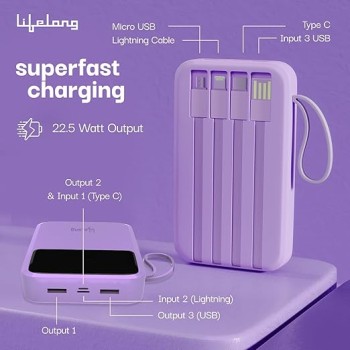 Lifelong Electronics 10000mAh 22.5W Fast Charging Power Bank | 3 Inputs (in-Built USB Cable + Lightning + Type-C Port) | 6 Outputs (3 in-Built Cables + 1 Type-C Port + 2 USB Ports) | QC 3.0 Powerbank Lifelong Electronics 10000mAh 22.5W Fast Charging Power Bank | 3 Inputs (in-Built USB Cable + Lightning + Type-C Port) | 6 Outputs (3 in-Built Cables + 1 Type-C Port + 2 USB Ports) | QC 3.0 Powerbank