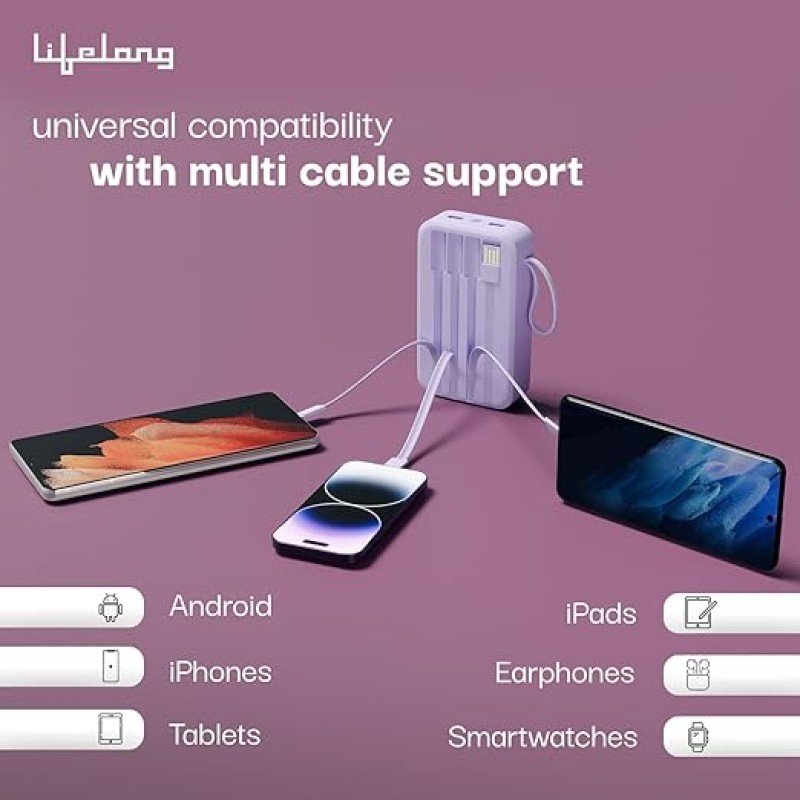 Lifelong Electronics 10000mAh 22.5W Fast Charging Power Bank | 3 Inputs (in-Built USB Cable + Lightning + Type-C Port) | 6 Outputs (3 in-Built Cables + 1 Type-C Port + 2 USB Ports) | QC 3.0 Powerbank Lifelong Electronics 10000mAh 22.5W Fast Charging Power Bank | 3 Inputs (in-Built USB Cable + Lightning + Type-C Port) | 6 Outputs (3 in-Built Cables + 1 Type-C Port + 2 USB Ports) | QC 3.0 Powerbank