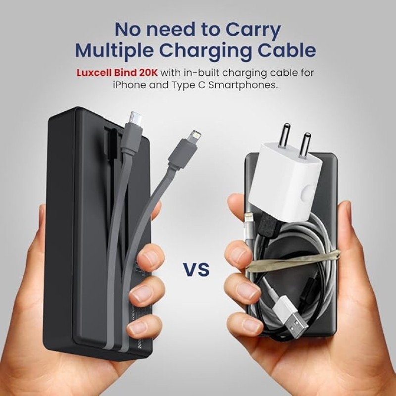 Portronics Luxcell Bind 20k 20000mAh Powerbank with 22.5W Fast Charging, in-Built Type C PD(Input & Output) /8 Pin Cable, LED Indicator, USB-A Mach Output, Compatible with Smartphones,Tablets(Black) Portronics Luxcell Bind 20k 20000mAh Powerbank with 22.5W Fast Charging, in-Built Type C PD(Input & Output) /8 Pin Cable, LED Indicator, USB-A Mach Output, Compatible with Smartphones,Tablets(Black)
