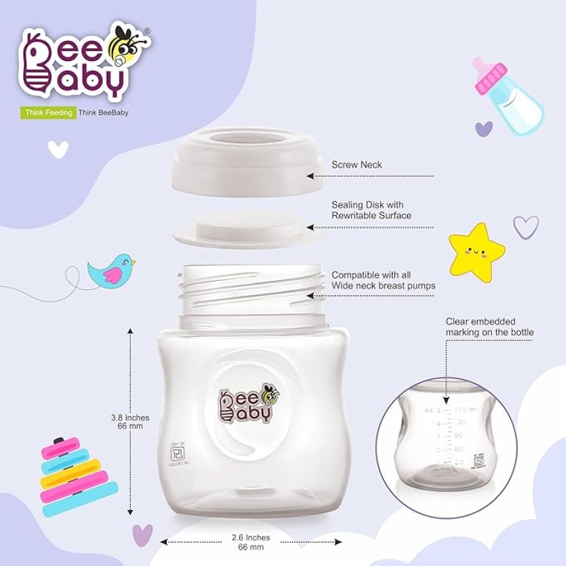 BeeBaby Pump N' Protect Breast Milk Storage Bottles. Pack of 3 Milk Collection Bottles fits Most Wide Neck Breast Pumps. 100% BPA Free. 150ML / 5oz. White BeeBaby Pump N' Protect Breast Milk Storage Bottles. Pack of 3 Milk Collection Bottles fits Most Wide Neck Breast Pumps. 100% BPA Free. 150ML / 5oz. White
