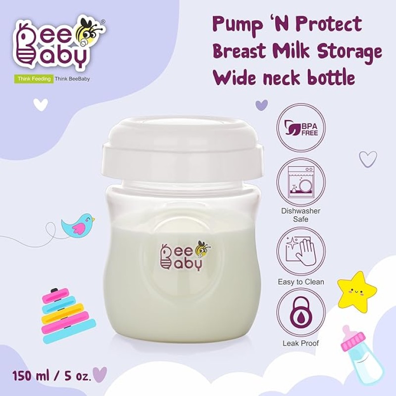 BeeBaby Pump N' Protect Breast Milk Storage Bottles. Pack of 3 Milk Collection Bottles fits Most Wide Neck Breast Pumps. 100% BPA Free. 150ML / 5oz. White BeeBaby Pump N' Protect Breast Milk Storage Bottles. Pack of 3 Milk Collection Bottles fits Most Wide Neck Breast Pumps. 100% BPA Free. 150ML / 5oz. White