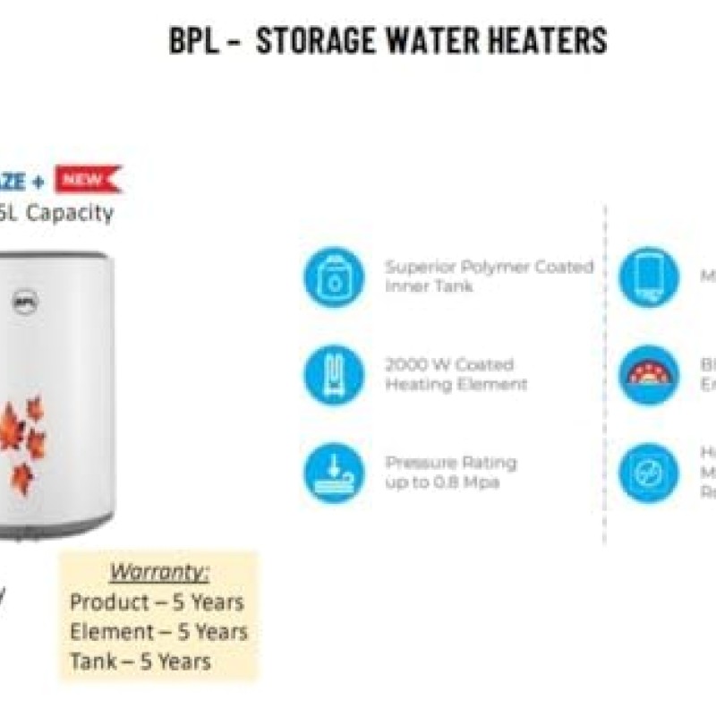 BPL 25L Storage Water Geyser Superior Polymer coated Tank Temperature Control Metal Body Advanced 4 Level Safety and 5 Star Rating for Energy Savings (25, Oval, 1, BPL - BLAZE+) BPL 25L Storage Water Geyser Superior Polymer coated Tank Temperature Control Metal Body Advanced 4 Level Safety and 5 Star Rating for Energy Savings (25, Oval, 1, BPL - BLAZE+)