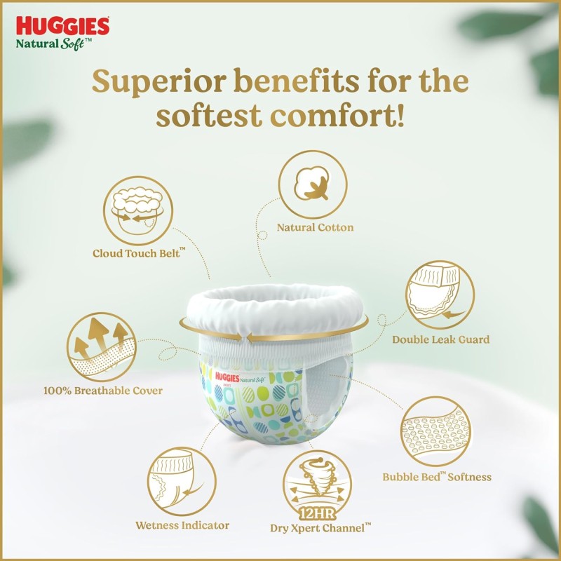 Huggies Natural Soft Premium Baby Diaper Pants, Our No.1 Soft Pants, Extra Large (XL) Size (12-17 Kgs), Sumo Pack of 126 diapers | Cloud Softness All over with India's 1st Cloud Touch BeltTM Huggies Natural Soft Premium Baby Diaper Pants, Our No.1 Soft Pants, Extra Large (XL) Size (12-17 Kgs), Sumo Pack of 126 diapers | Cloud Softness All over with India's 1st Cloud Touch BeltTM