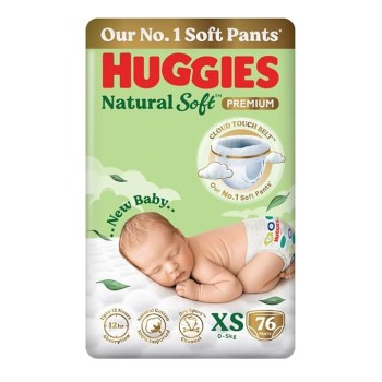 Huggies Natural Soft Premium Baby Diaper Pants, Our No.1 Soft Pants, Newborn/Extra Small (XS) Size (0-5 Kgs), Pack of 76 | Cloud Softness All over with India's 1st Cloud Touch Belt