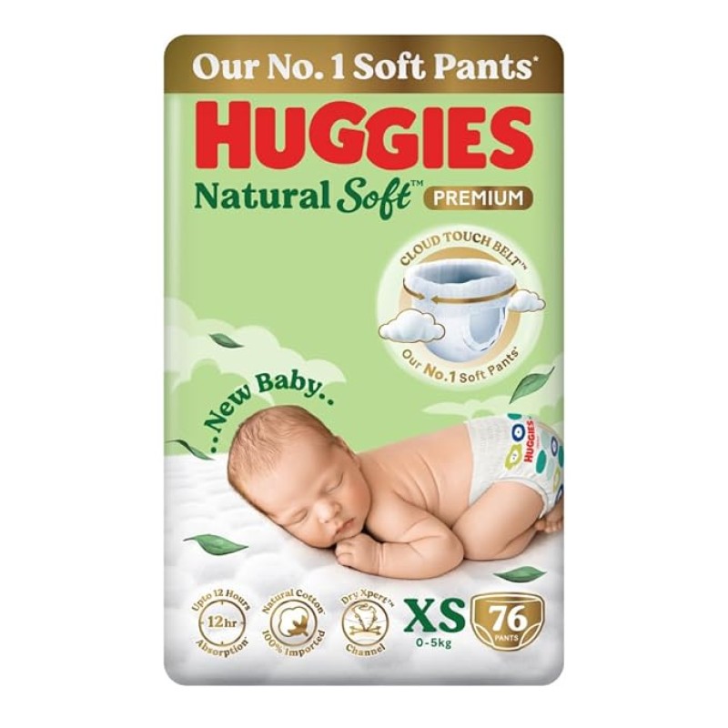 Huggies Natural Soft Premium Baby Diaper Pants, Our No.1 Soft Pants, Newborn/Extra Small (XS) Size (0-5 Kgs), Pack of 76 | Cloud Softness All over with India's 1st Cloud Touch Belt Huggies Natural Soft Premium Baby Diaper Pants, Our No.1 Soft Pants, Newborn/Extra Small (XS) Size (0-5 Kgs), Pack of 76 | Cloud Softness All over with India's 1st Cloud Touch Belt