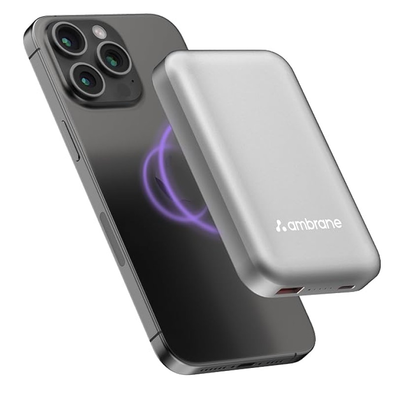 Ambrane Magsafe Wireless 10000Mah Fast Charging Power Bank,Strong Magnet,22.5W Output for iPhone 12 Back Cover & Above,Android & Other Qi Enabled Devices + Magnetic Ring (Aerosync Snap,Silver) Ambrane Magsafe Wireless 10000Mah Fast Charging Power Bank,Strong Magnet,22.5W Output for iPhone 12 Back Cover & Above,Android & Other Qi Enabled Devices + Magnetic Ring (Aerosync Snap,Silver)