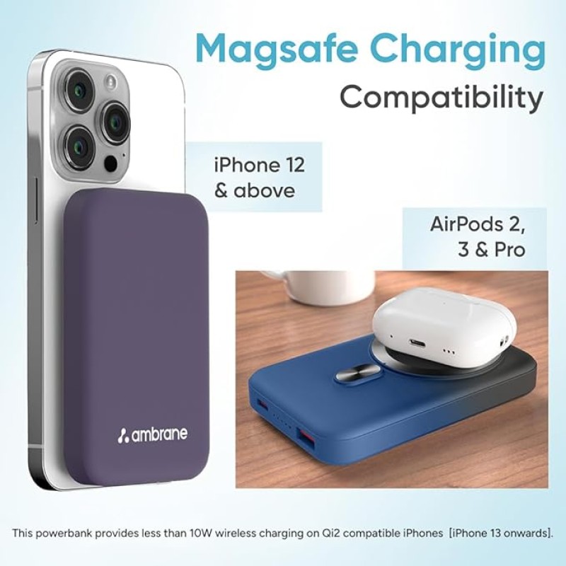 Ambrane Magsafe Wireless 10000Mah Fast Charging Power Bank,Strong Magnet,22.5W Output for iPhone 12 Back Cover & Above,Android & Other Qi Enabled Devices + Magnetic Ring (Aerosync Snap,Silver) Ambrane Magsafe Wireless 10000Mah Fast Charging Power Bank,Strong Magnet,22.5W Output for iPhone 12 Back Cover & Above,Android & Other Qi Enabled Devices + Magnetic Ring (Aerosync Snap,Silver)
