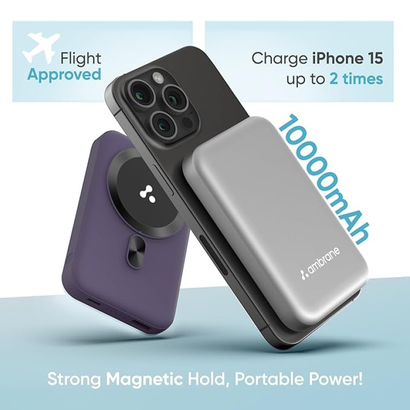 Ambrane Magsafe Wireless 10000Mah Fast Charging Power Bank, Strong Magnet, Micro USB Input, 22.5W Output For Iphone 12 Above, Android & Other Qi Enabled Devices + Magnetic Ring (Aerosync Snap, Purple) Ambrane Magsafe Wireless 10000Mah Fast Charging Power Bank, Strong Magnet, Micro USB Input, 22.5W Output For Iphone 12 Above, Android & Other Qi Enabled Devices + Magnetic Ring (Aerosync Snap, Purple)