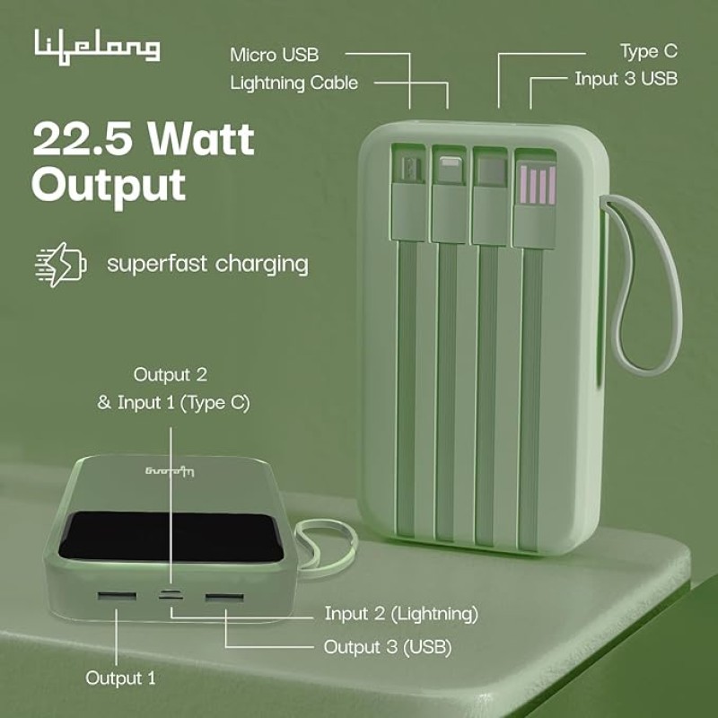 Lifelong Electronics 20000mAh 22.5W Fast Charging Power Bank | 3 Inputs (in-Built USB Cable + Lightning + Type-C Port) | 6 Outputs (3 in-Built Cables + 1 Type-C Port + 2 USB Ports) | QC 3.0 Powerbank Lifelong Electronics 20000mAh 22.5W Fast Charging Power Bank | 3 Inputs (in-Built USB Cable + Lightning + Type-C Port) | 6 Outputs (3 in-Built Cables + 1 Type-C Port + 2 USB Ports) | QC 3.0 Powerbank