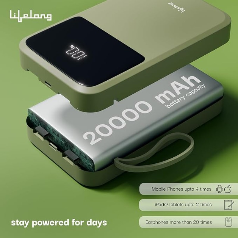 Lifelong Electronics 20000mAh 22.5W Fast Charging Power Bank | 3 Inputs (in-Built USB Cable + Lightning + Type-C Port) | 6 Outputs (3 in-Built Cables + 1 Type-C Port + 2 USB Ports) | QC 3.0 Powerbank Lifelong Electronics 20000mAh 22.5W Fast Charging Power Bank | 3 Inputs (in-Built USB Cable + Lightning + Type-C Port) | 6 Outputs (3 in-Built Cables + 1 Type-C Port + 2 USB Ports) | QC 3.0 Powerbank