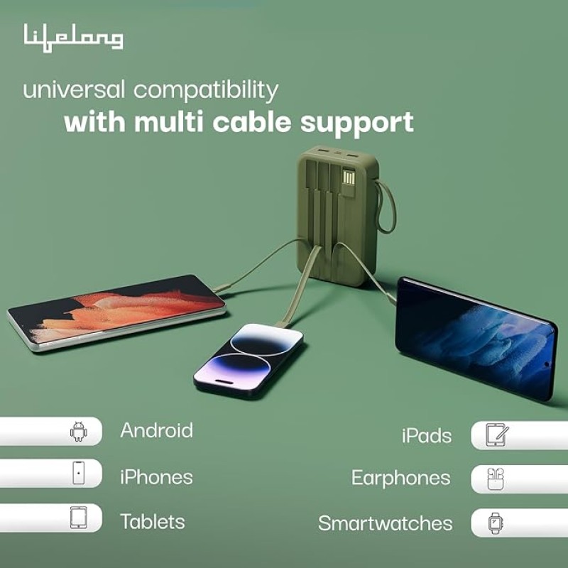 Lifelong Electronics 20000mAh 22.5W Fast Charging Power Bank | 3 Inputs (in-Built USB Cable + Lightning + Type-C Port) | 6 Outputs (3 in-Built Cables + 1 Type-C Port + 2 USB Ports) | QC 3.0 Powerbank Lifelong Electronics 20000mAh 22.5W Fast Charging Power Bank | 3 Inputs (in-Built USB Cable + Lightning + Type-C Port) | 6 Outputs (3 in-Built Cables + 1 Type-C Port + 2 USB Ports) | QC 3.0 Powerbank