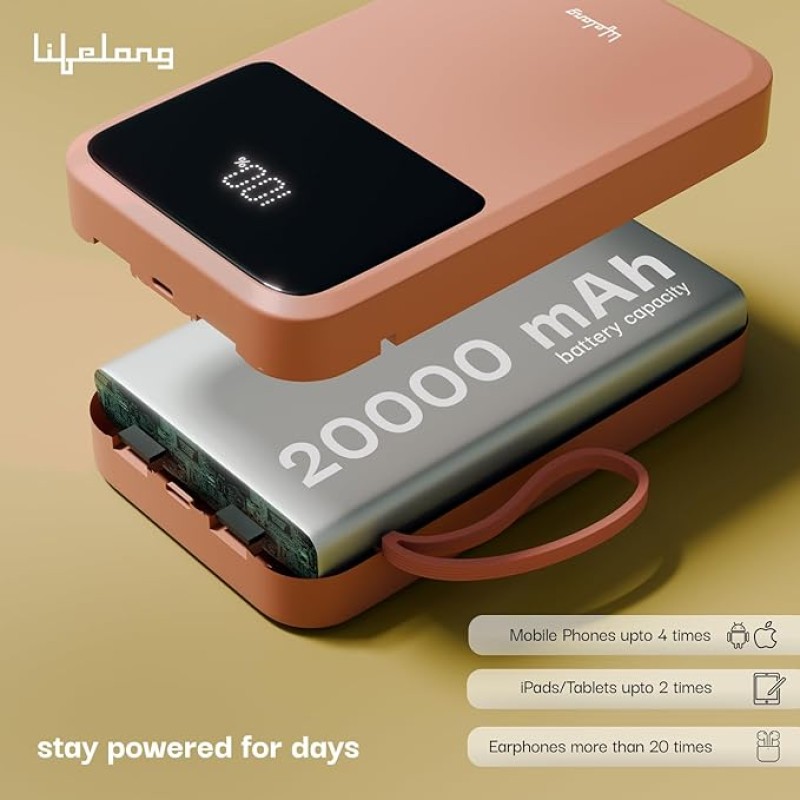 Lifelong Electronics 20000mAh 22.5W Fast Charging Power Bank | 3 Inputs (in-Built USB Cable + Lightning + Type-C Port) | 6 Outputs (3 in-Built Cables + 1 Type-C Port + 2 USB Ports) | QC 3.0 Powerbank Lifelong Electronics 20000mAh 22.5W Fast Charging Power Bank | 3 Inputs (in-Built USB Cable + Lightning + Type-C Port) | 6 Outputs (3 in-Built Cables + 1 Type-C Port + 2 USB Ports) | QC 3.0 Powerbank