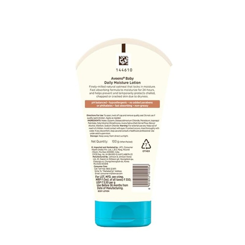 Aveeno Baby Daily Moisture Lotion 100g with Oat Flour, Glycerin, and dimethicone | Hypoallergenic, Fragrance-Free, Pediatrician Recommended | Nourishes, soothes, & Protects Baby's Sensitive Skin Aveeno Baby Daily Moisture Lotion 100g with Oat Flour, Glycerin, and dimethicone | Hypoallergenic, Fragrance-Free, Pediatrician Recommended | Nourishes, soothes, & Protects Baby's Sensitive Skin