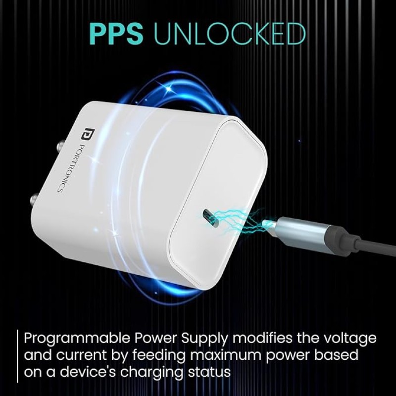 Portronics Adapto 25 25W Super Fast Type C PD Wall Charger for iPhone 15/14/13/12/11 All Pro,Max Series, Samsung Galaxy S/A/M/F Series & Other Type C Devices, PPS Protection,Fast Charging Adaptor