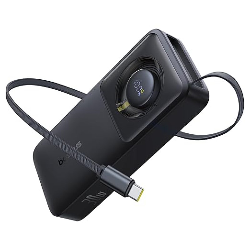 Baseus Free2Pull 10000mAh 30W Fast Charging Power Bank � Built-in Retractable USB-C Cable, Digital Display, Compact Design � Cosmic Black Baseus Free2Pull 10000mAh 30W Fast Charging Power Bank � Built-in Retractable USB-C Cable, Digital Display, Compact Design � Cosmic Black