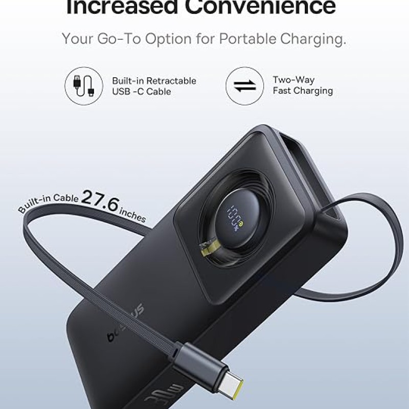 Baseus Free2Pull 10000mAh 30W Fast Charging Power Bank � Built-in Retractable USB-C Cable, Digital Display, Compact Design � Cosmic Black Baseus Free2Pull 10000mAh 30W Fast Charging Power Bank � Built-in Retractable USB-C Cable, Digital Display, Compact Design � Cosmic Black