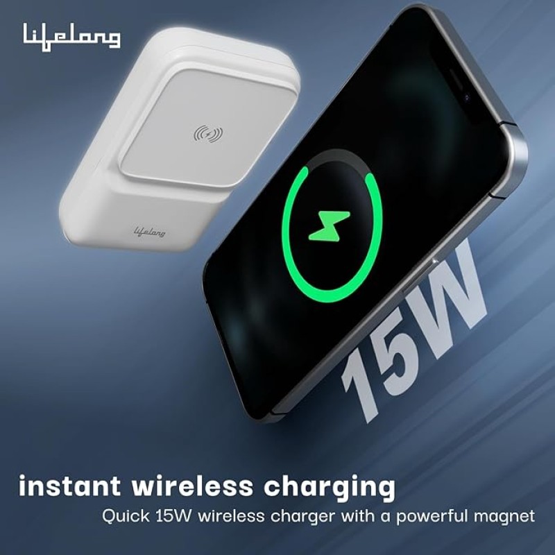 Lifelong Electronics 10000mAh MagSafe Wireless Fast Charging Power Bank | Slim & Compact | For iPhone & All Wireless Enabled Phone | Type C & Lightning Input | 3 In-built Cables| 15W Wireless | QC 3.0 Lifelong Electronics 10000mAh MagSafe Wireless Fast Charging Power Bank | Slim & Compact | For iPhone & All Wireless Enabled Phone | Type C & Lightning Input | 3 In-built Cables| 15W Wireless | QC 3.0