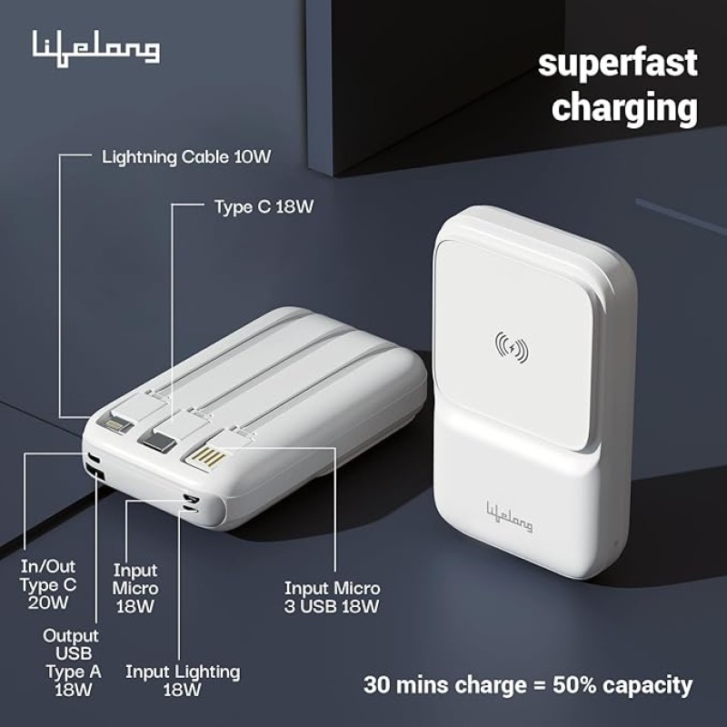 Lifelong Electronics 10000mAh MagSafe Wireless Fast Charging Power Bank | Slim & Compact | For iPhone & All Wireless Enabled Phone | Type C & Lightning Input | 3 In-built Cables| 15W Wireless | QC 3.0 Lifelong Electronics 10000mAh MagSafe Wireless Fast Charging Power Bank | Slim & Compact | For iPhone & All Wireless Enabled Phone | Type C & Lightning Input | 3 In-built Cables| 15W Wireless | QC 3.0