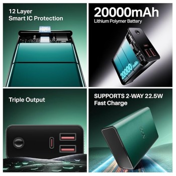boAt Energyshroom PB400 Pro 20000mAh | Pocket Size, Compact Power Bank w/Type-C Input (2-Way Port), 3X Output Ports, Compatible with Tablets, Smartphones, Earbuds, Smartwatch(Emerald Green) boAt Energyshroom PB400 Pro 20000mAh | Pocket Size, Compact Power Bank w/Type-C Input (2-Way Port), 3X Output Ports, Compatible with Tablets, Smartphones, Earbuds, Smartwatch(Emerald Green)