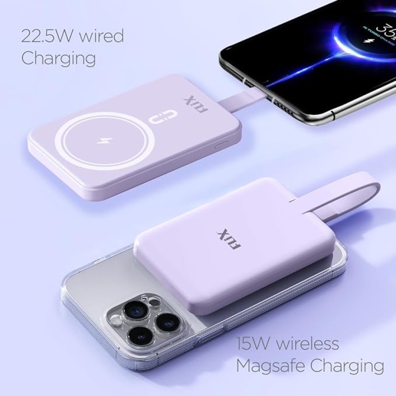 FLiX (Beetel) MagConnect Pro 10k 15W Magnetic Wireless Output,22.5W QC/PD/PPS Pocket Power Bank,Inbuilt Type C & Lightning Reversable cable Input/Output,LED Display,Perfect for iPhone 12,13,14(Purple) FLiX (Beetel) MagConnect Pro 10k 15W Magnetic Wireless Output,22.5W QC/PD/PPS Pocket Power Bank,Inbuilt Type C & Lightning Reversable cable Input/Output,LED Display,Perfect for iPhone 12,13,14(Purple)