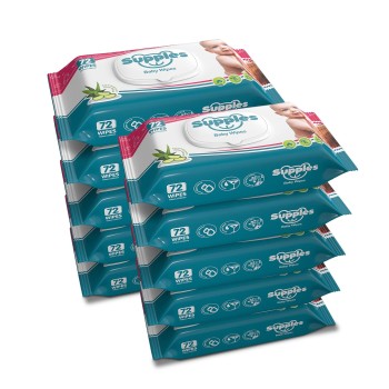 Supples Baby Wet Wipes with Lid | 720 Wipes | 72 Wipes x 10 Packs | Enriched With Aloe Vera and Vitamin E | Alcohol-Free and Paraben-Free | Pure Water-Based formulation
