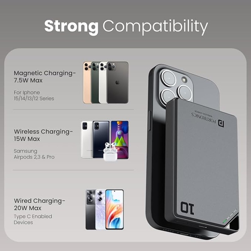Portronics Boosty 10K 10000mAh 15W Wireless Magnetic Fast Charging Nano Powerbank, Metallic Finish, 20W Type C PD Output, Light Weight, Compatible with iPhone 12 Above, Other Qi Enabled Devices Portronics Boosty 10K 10000mAh 15W Wireless Magnetic Fast Charging Nano Powerbank, Metallic Finish, 20W Type C PD Output, Light Weight, Compatible with iPhone 12 Above, Other Qi Enabled Devices