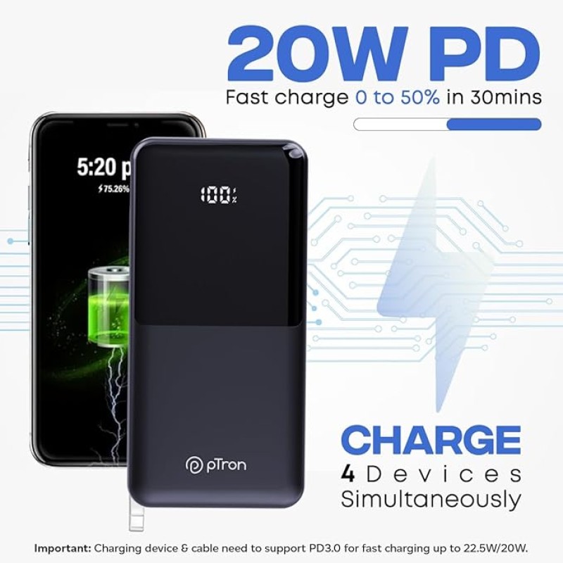 pTron Dynamo Power 20000mAh 22.5W Super Fast Charging, USB Type-C Input Power Bank with Quick Charge & 20W Power Delivery, Built-in Charging Cables, 4 Outputs, Type-C Input/Output Port (Black) pTron Dynamo Power 20000mAh 22.5W Super Fast Charging, USB Type-C Input Power Bank with Quick Charge & 20W Power Delivery, Built-in Charging Cables, 4 Outputs, Type-C Input/Output Port (Black)
