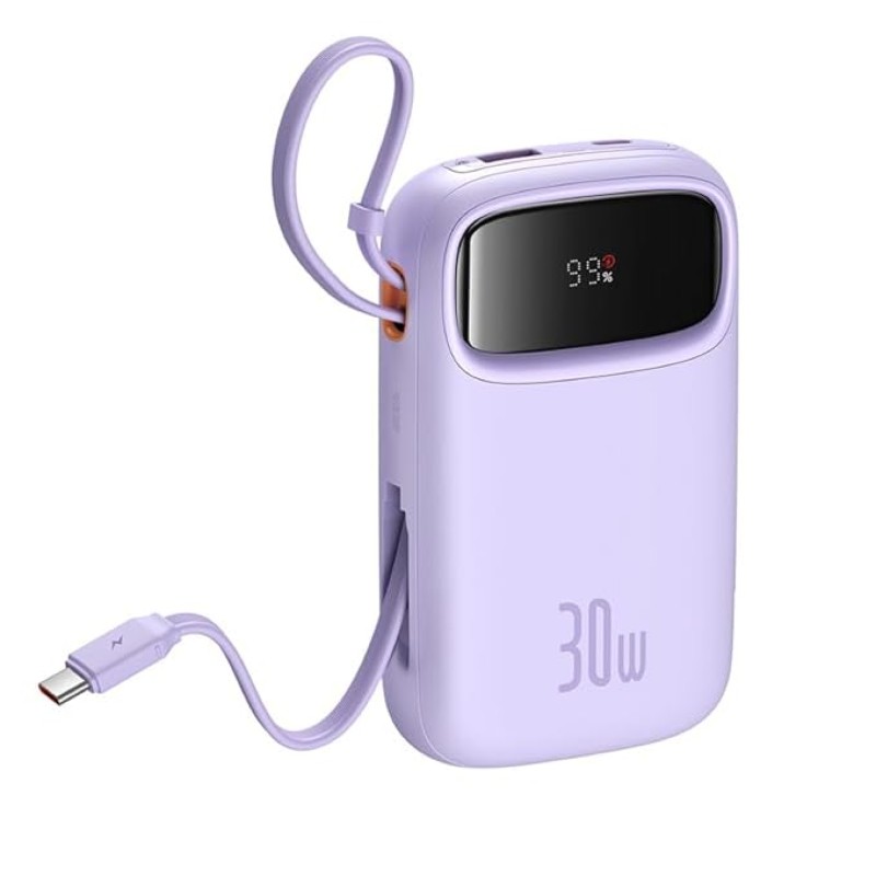 Baseus QPow 2 10000mAh 30W Fast-Charging Power Bank � Dual Built-in Type-C Cables, Digital Display, PD Compatible � Nebula Purple