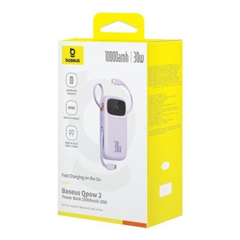 Baseus QPow 2 10000mAh 30W Fast-Charging Power Bank � Dual Built-in Type-C Cables, Digital Display, PD Compatible � Nebula Purple