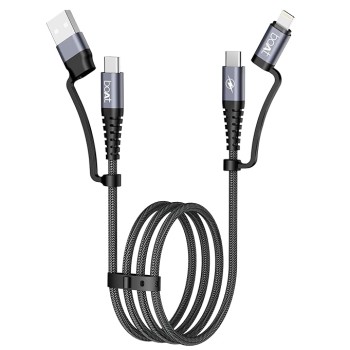 boAt FlexiCharge 400 Charging Cable w/ 4-in-1 Connectivity- USB-A, Type-C, & Lightning Ports, 60W/3A PD Fast Charging,480Mbps Data Sync,2 Swappable Heads,Silicon Cable Tie(Carbon Black)