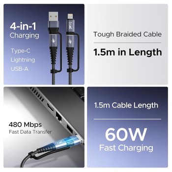 boAt FlexiCharge 400 Charging Cable w/ 4-in-1 Connectivity- USB-A, Type-C, & Lightning Ports, 60W/3A PD Fast Charging,480Mbps Data Sync,2 Swappable Heads,Silicon Cable Tie(Carbon Black) boAt FlexiCharge 400 Charging Cable w/ 4-in-1 Connectivity- USB-A, Type-C, & Lightning Ports, 60W/3A PD Fast Charging,480Mbps Data Sync,2 Swappable Heads,Silicon Cable Tie(Carbon Black)
