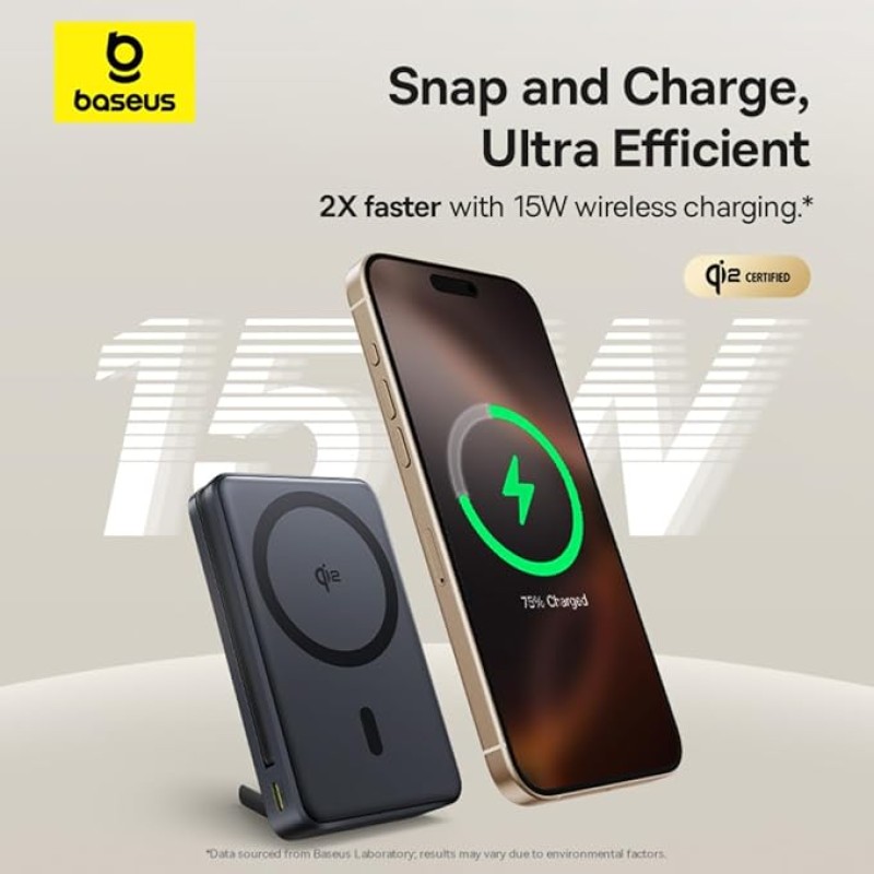 Baseus Nomos Qi2 10000mAh 45W Magnetic Wireless Power Bank � Built-in USB-C Cable, Kickstand Design, PD Fast Charging � Cosmic Black