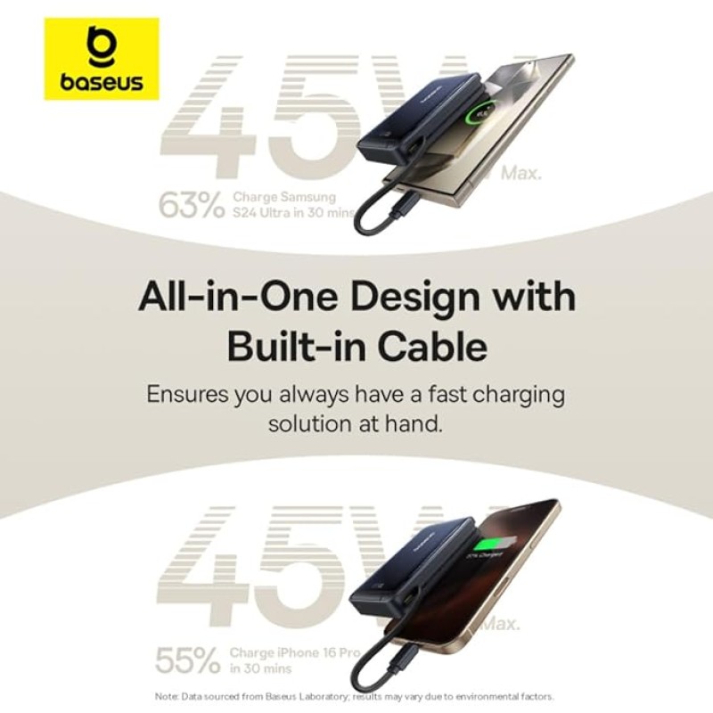 Baseus Nomos Qi2 10000mAh 45W Magnetic Wireless Power Bank � Built-in USB-C Cable, Kickstand Design, PD Fast Charging � Cosmic Black