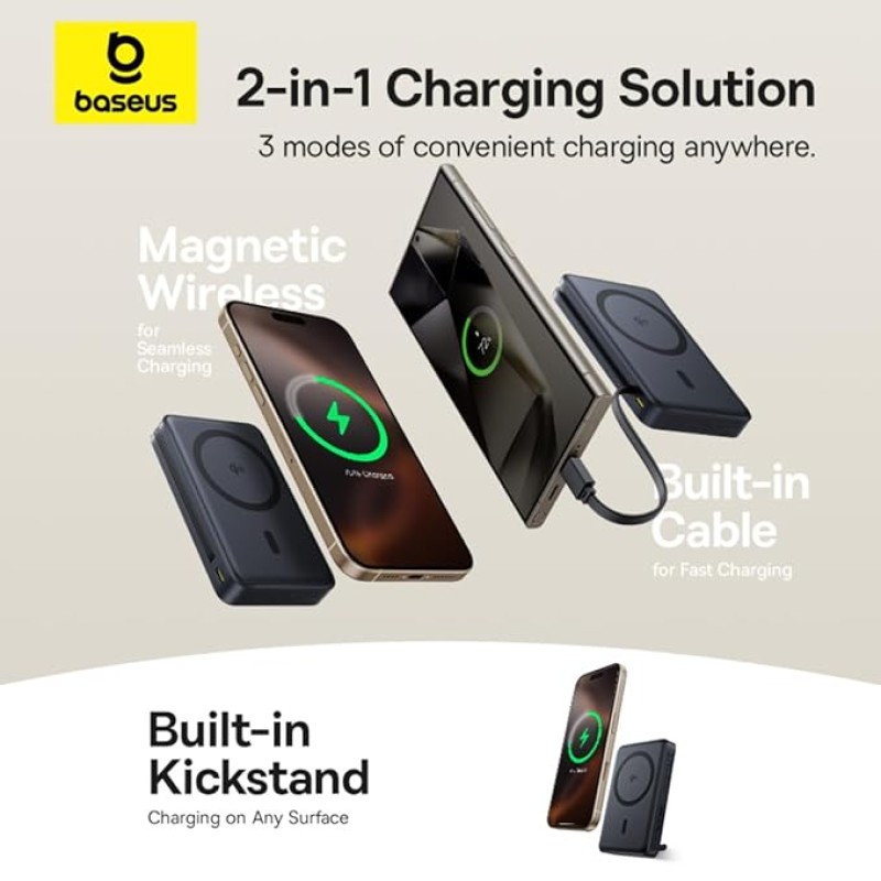 Baseus Nomos Qi2 10000mAh 45W Magnetic Wireless Power Bank � Built-in USB-C Cable, Kickstand Design, PD Fast Charging � Cosmic Black