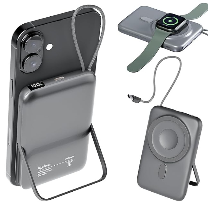 Lifelong Electronics 10000mAh MagSafe Wireless Fast Charging Power Bank for iPhone, Apple Watch, Airpods & All Qi Enabled Phones | QC 3.0 Powerbank (22.5W Output) | Cable & Stand + Extra Magnetic Ring Lifelong Electronics 10000mAh MagSafe Wireless Fast Charging Power Bank for iPhone, Apple Watch, Airpods & All Qi Enabled Phones | QC 3.0 Powerbank (22.5W Output) | Cable & Stand + Extra Magnetic Ring