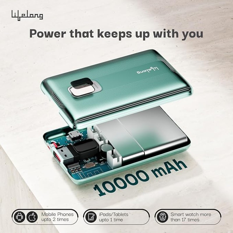 Lifelong Electronics 10000mAh Fast Charging Power Bank with Digital Display | Type C Input | 2 Output Ports | Quick Charge 3.0 | 22.5 W PD Powerbank | Cable Included (Teal Green) Lifelong Electronics 10000mAh Fast Charging Power Bank with Digital Display | Type C Input | 2 Output Ports | Quick Charge 3.0 | 22.5 W PD Powerbank | Cable Included (Teal Green)
