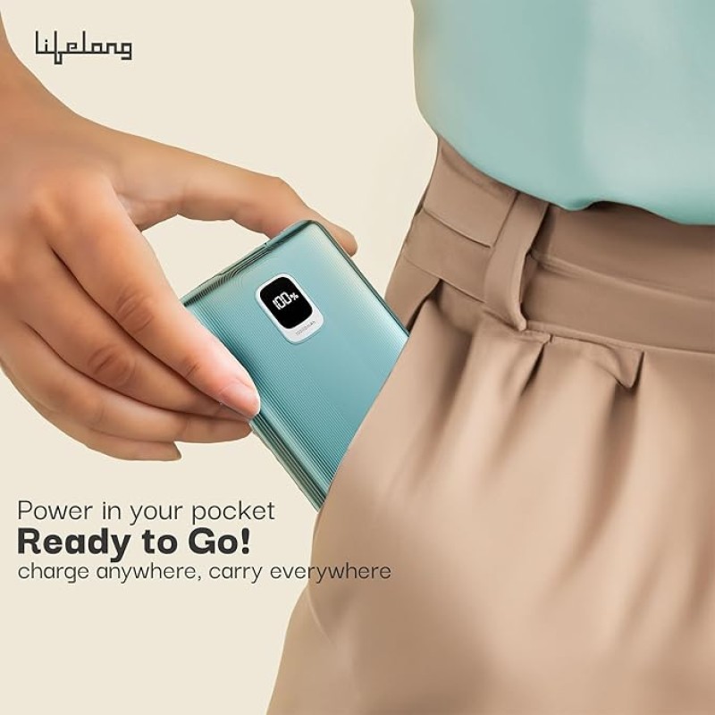 Lifelong Electronics 10000mAh Fast Charging Power Bank with Digital Display | Type C Input | 2 Output Ports | Quick Charge 3.0 | 22.5 W PD Powerbank | Cable Included (Teal Green) Lifelong Electronics 10000mAh Fast Charging Power Bank with Digital Display | Type C Input | 2 Output Ports | Quick Charge 3.0 | 22.5 W PD Powerbank | Cable Included (Teal Green)