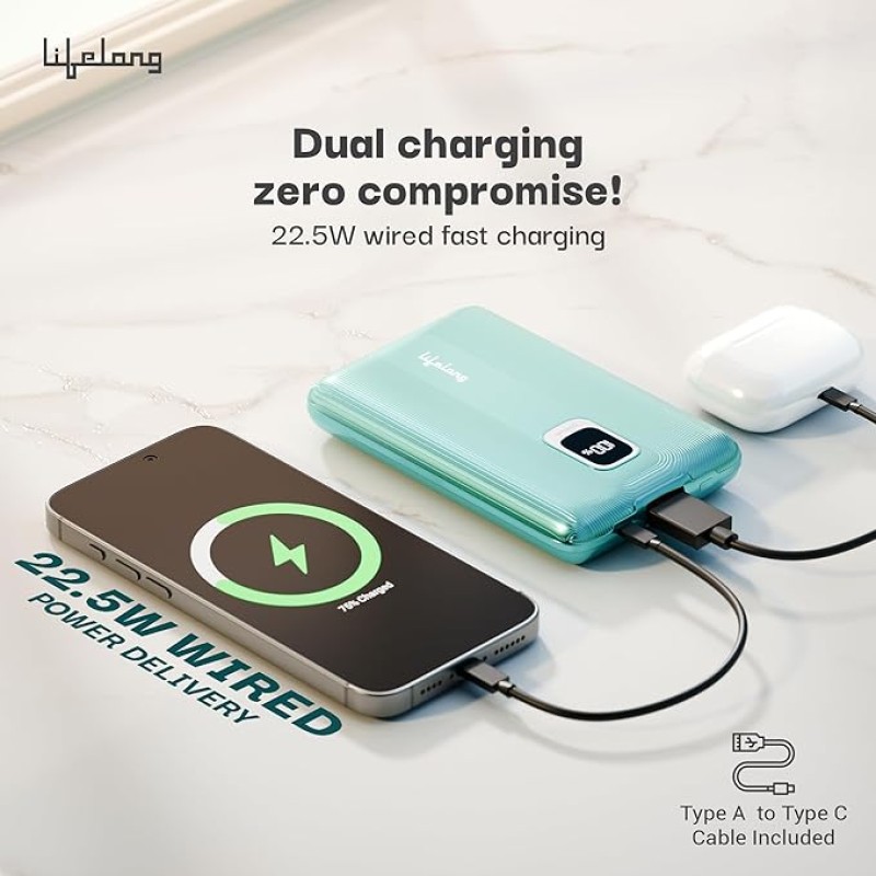 Lifelong Electronics 10000mAh Fast Charging Power Bank with Digital Display | Type C Input | 2 Output Ports | Quick Charge 3.0 | 22.5 W PD Powerbank | Cable Included (Teal Green) Lifelong Electronics 10000mAh Fast Charging Power Bank with Digital Display | Type C Input | 2 Output Ports | Quick Charge 3.0 | 22.5 W PD Powerbank | Cable Included (Teal Green)