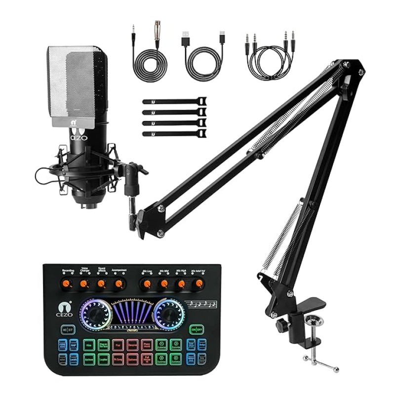 CEZO Professional Condenser Microphone with X3 Sound Card | Condeser Mic Set with Compact Microphone Pop Shield |Live Sound Card| Boom Arm Stand| Shock Mount for Recording Podcasting & Live Streaming CEZO Professional Condenser Microphone with X3 Sound Card | Condeser Mic Set with Compact Microphone Pop Shield |Live Sound Card| Boom Arm Stand| Shock Mount for Recording Podcasting & Live Streaming