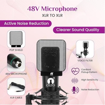 CEZO Professional Condenser Microphone with X3 Sound Card | Condeser Mic Set with Compact Microphone Pop Shield |Live Sound Card| Boom Arm Stand| Shock Mount for Recording Podcasting & Live Streaming
