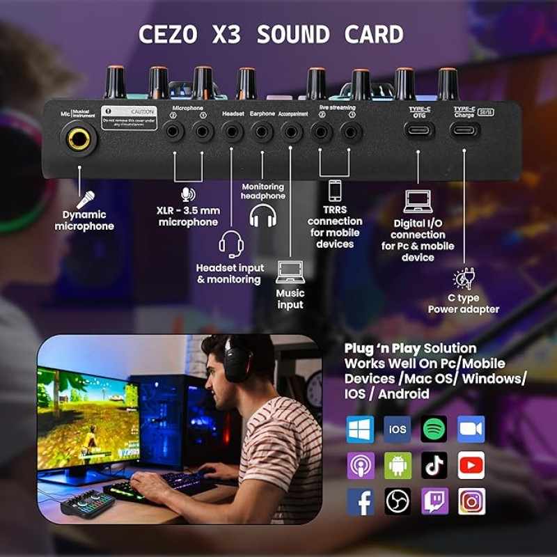CEZO Professional Condenser Microphone with X3 Sound Card | Condeser Mic Set with Compact Microphone Pop Shield |Live Sound Card| Boom Arm Stand| Shock Mount for Recording Podcasting & Live Streaming CEZO Professional Condenser Microphone with X3 Sound Card | Condeser Mic Set with Compact Microphone Pop Shield |Live Sound Card| Boom Arm Stand| Shock Mount for Recording Podcasting & Live Streaming