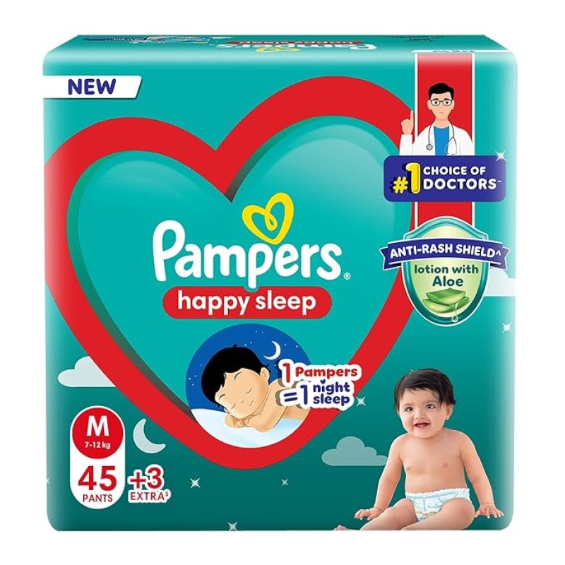 Pampers Happy Sleep Pant Style Baby Diapers, Medium (M), 48 Count, 1 Pampers = 1 Night Sleep, with Anti Rash Shield, 7-12 Kg Diapers Pampers Happy Sleep Pant Style Baby Diapers, Medium (M), 48 Count, 1 Pampers = 1 Night Sleep, with Anti Rash Shield, 7-12 Kg Diapers