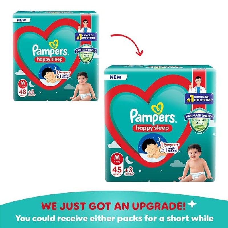 Pampers Happy Sleep Pant Style Baby Diapers, Medium (M), 48 Count, 1 Pampers = 1 Night Sleep, with Anti Rash Shield, 7-12 Kg Diapers Pampers Happy Sleep Pant Style Baby Diapers, Medium (M), 48 Count, 1 Pampers = 1 Night Sleep, with Anti Rash Shield, 7-12 Kg Diapers