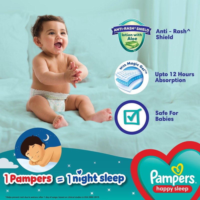 Pampers Happy Sleep Pant Style Baby Diapers, Medium (M), 48 Count, 1 Pampers = 1 Night Sleep, with Anti Rash Shield, 7-12 Kg Diapers Pampers Happy Sleep Pant Style Baby Diapers, Medium (M), 48 Count, 1 Pampers = 1 Night Sleep, with Anti Rash Shield, 7-12 Kg Diapers