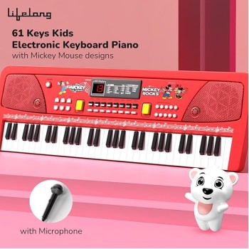 Lifelong Disney Mickey Electronic Piano Keyboard - 61-Key | Mic & One Side Speaker | 16 Tones, 10 Rhythms, 8 Percussions | Song Record, Finger Chord & Demo Modes | Microphone, USB Powered 